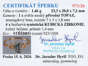Certyfikat autentyczności kamienia – Damski pierścionek Niebieski topaz Verena – srebrny
